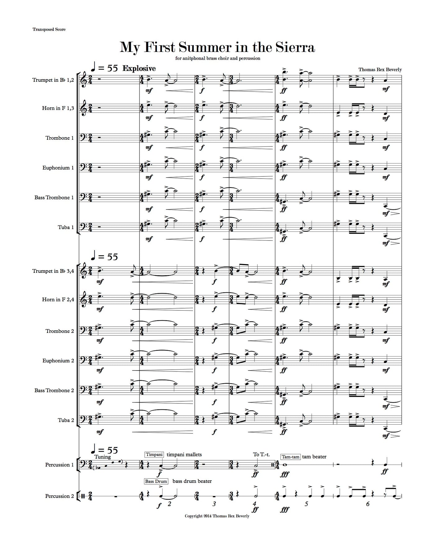 My First Summer in the Sierra for antiphonal brass choir and percussion (2014) - 5'